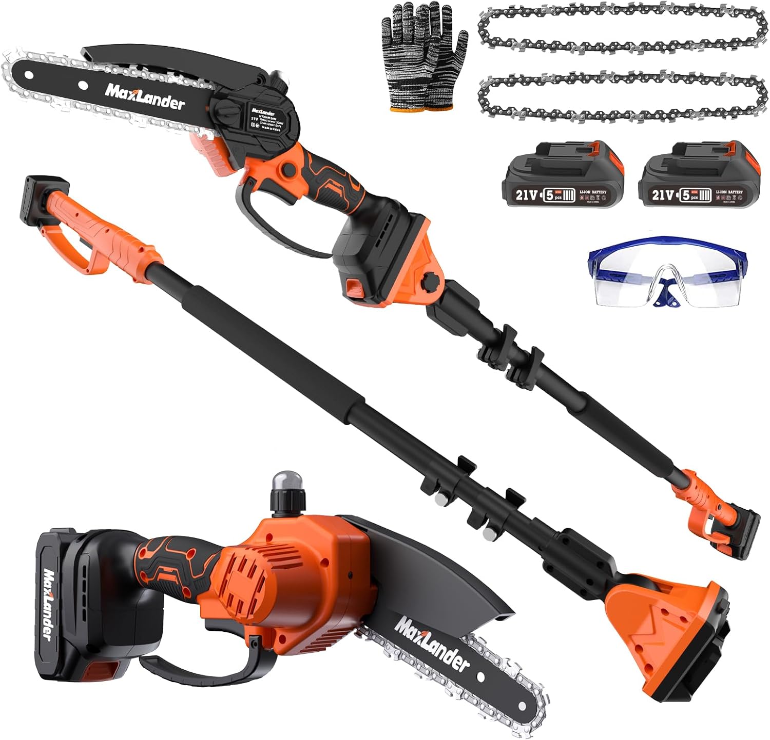 MAXLANDER 2-in-1 Cordless Pole Saw & Mini Chainsaw, 6'' Electric Pole Saws for Tree Trimming, 20V Battery Pole Saw with 2 Chains, 14ft Reach Pole Chainsaw(2PCS Battery and Charger Included)