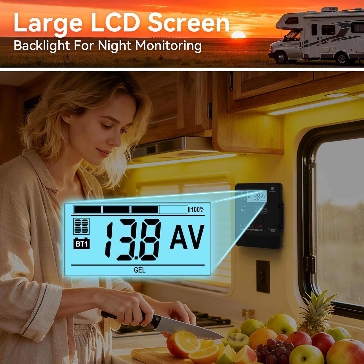 Solar Charge Controller with Flush Mount Design, 6 Stage Charging with LCD Display 12V/24V Auto PWM Controller 40A for LiFePO4, AGM, Gel, Flooded and Lithium Battery