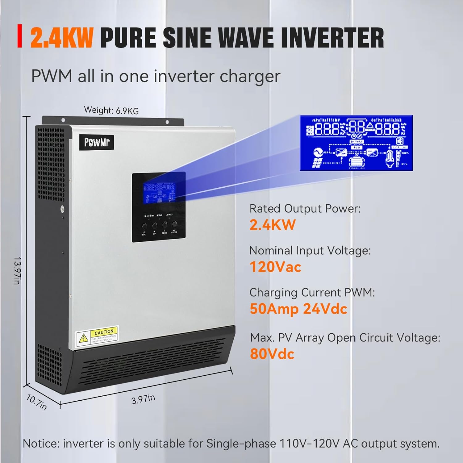 PowMr 2400W Solar Inverter, 24VDC to 110V/120VAC, Pure Sine Wave, 50A PWM Charge Controller, Hybrid Inverter for Homes, RV, 24V Lead-Acid, Sealed Gel/AGM Battery, Off-Grid Systems