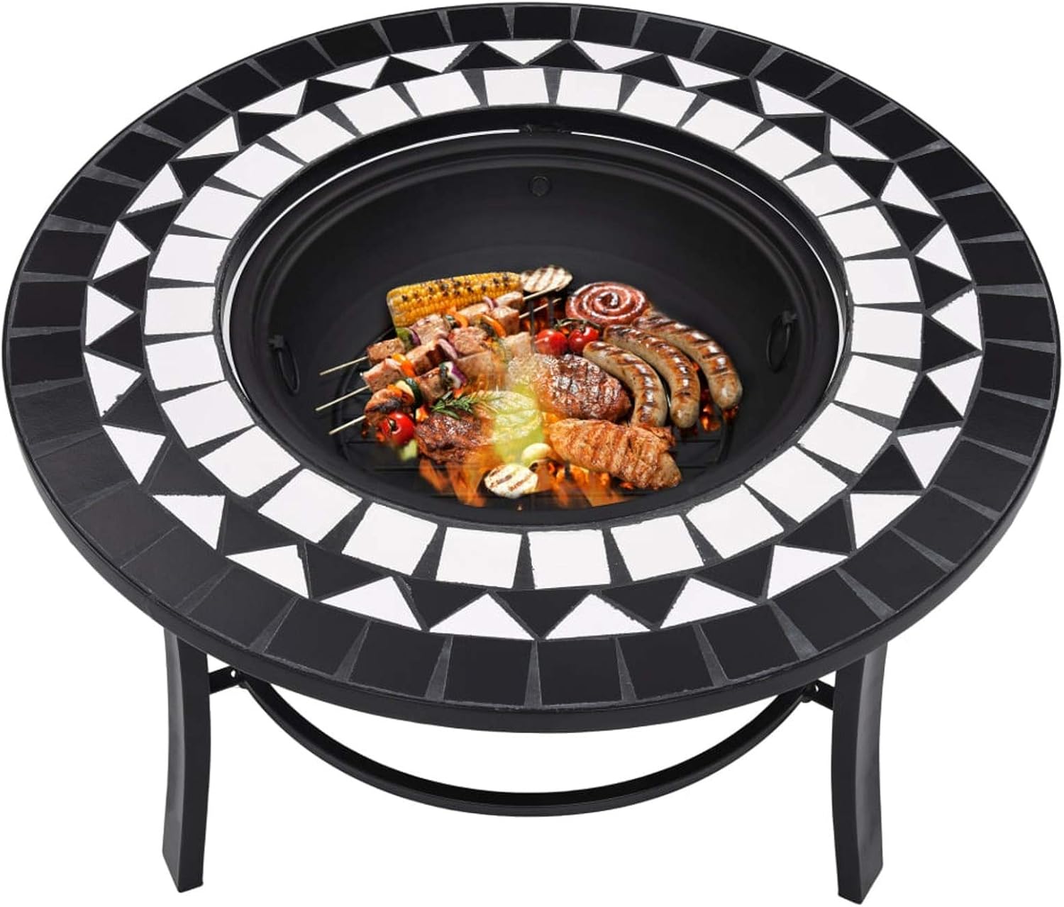 Mosaic Fire Pit, Black and White Ceramic Fire Bowl with Tabletop, 26.8 Inch Steel Fire Pit for Garden and Patio