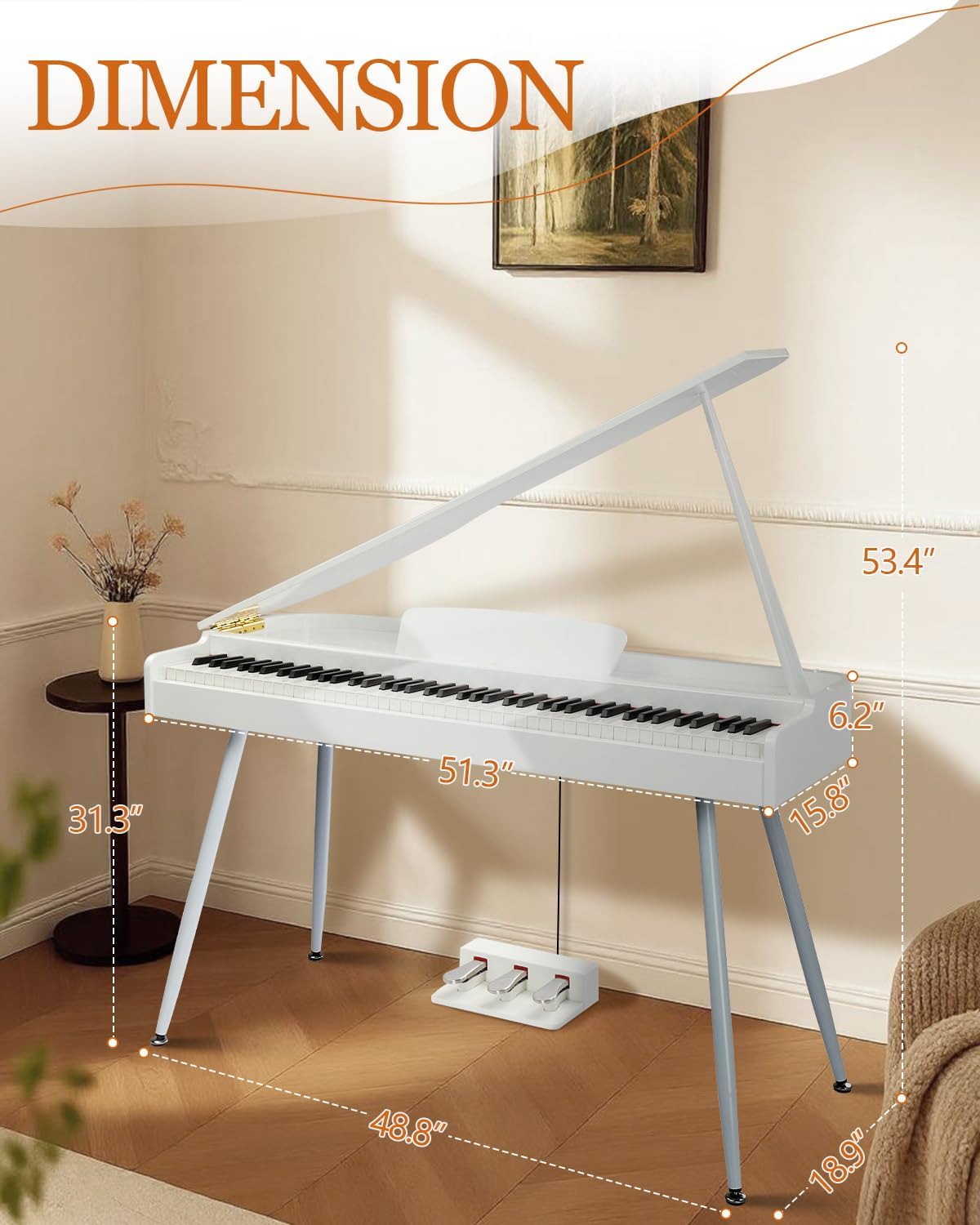 Ktaxon Grand Piano 88 Key Weighted Keyboard with High-Gloss Lacquer Finish, Streamlined Arched Body, Foldable Lid, Immersive 4-Speaker Sound, Bluetooth MIDI/Audio and Headphone jack (White)