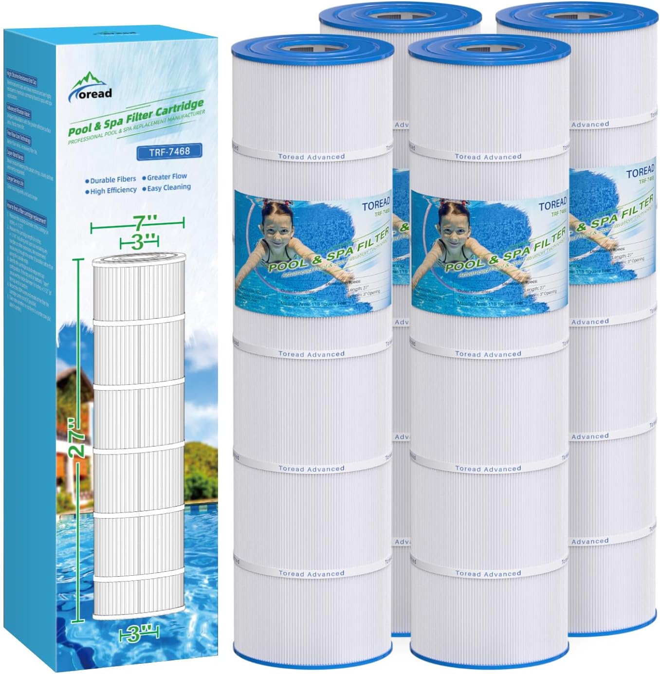 TOREAD PJAN115 Pool Filter Replaces Jandy CL 460, CV460, R0554600, Ultral-A9, Unicel C-7468, Filbur FC-0810, Excel Filters XLS-705, FC-6410, Aladdin 21501, Baleen AK-60432, 4X115 sq.ft Filter 4 Pack