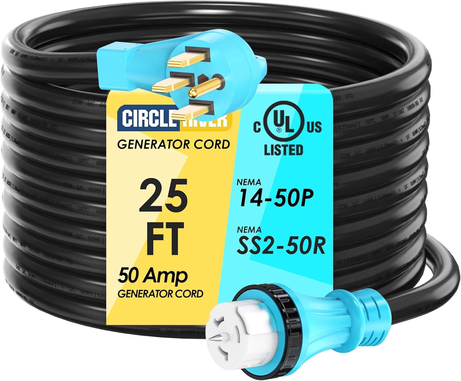 UL Listed 50 Amp 25 Feet Generator Extension Cord, NEMA 14-50P Male to SS2-50R & CS6364 STW 6/3+8/1 AWG 125/250V Generator Power Cord Twist Lock Connectors for Generator to House