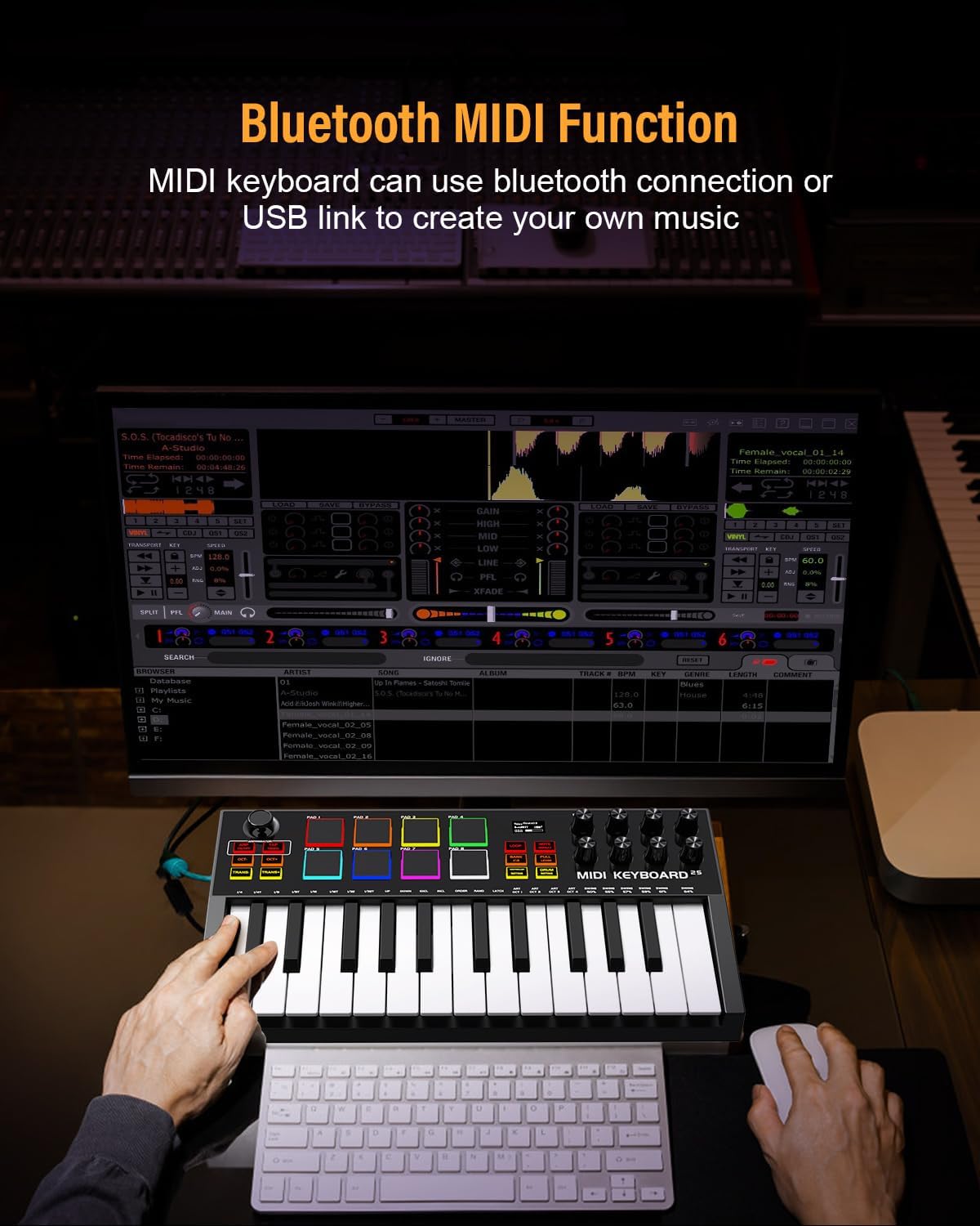 MIDI Keyboard Controller, 25 Key Rechargeable MIDI Keyboard with 8 Backlit Drum Pads, 8 Knobs, OLED Display, DAW Integration, MIDI Controller for Music Production