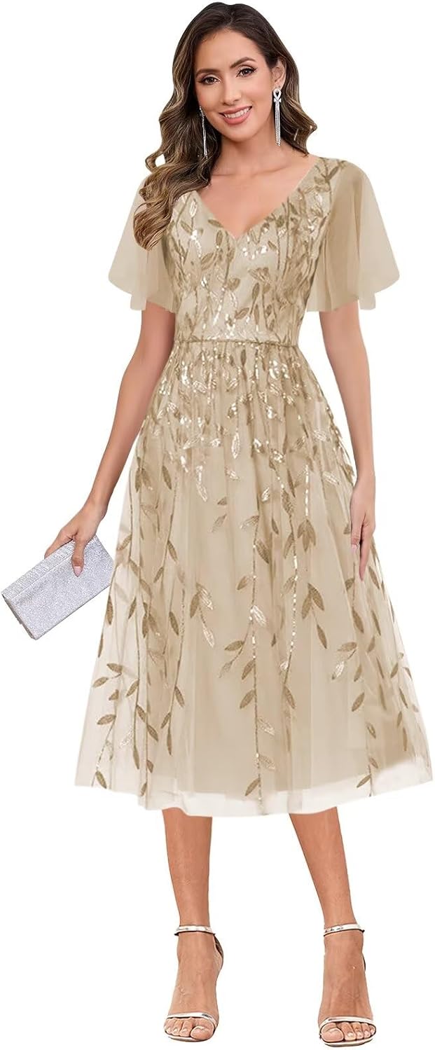 Sukleet Tea Length Sparkly Mother of The Bride Dresses for Women V Neck Flutter Sleeve Sequin Cocktail Party Dress