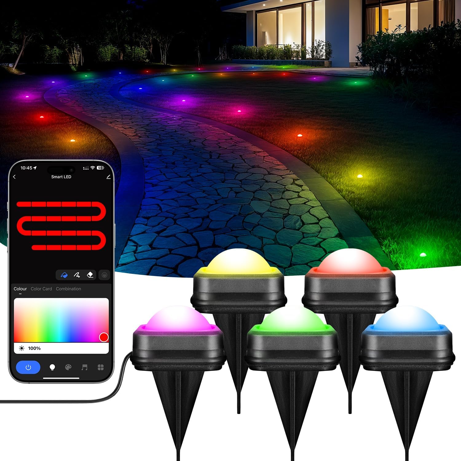 Outdoor Ground Lights, 700ft 220 Pack Smart RGB+IC+WW Outdoor Lights for Patio Decorations, IP67 Color Changing Pathway Lights with Warm White for Garden, Yard, Patio, Lawn Decor