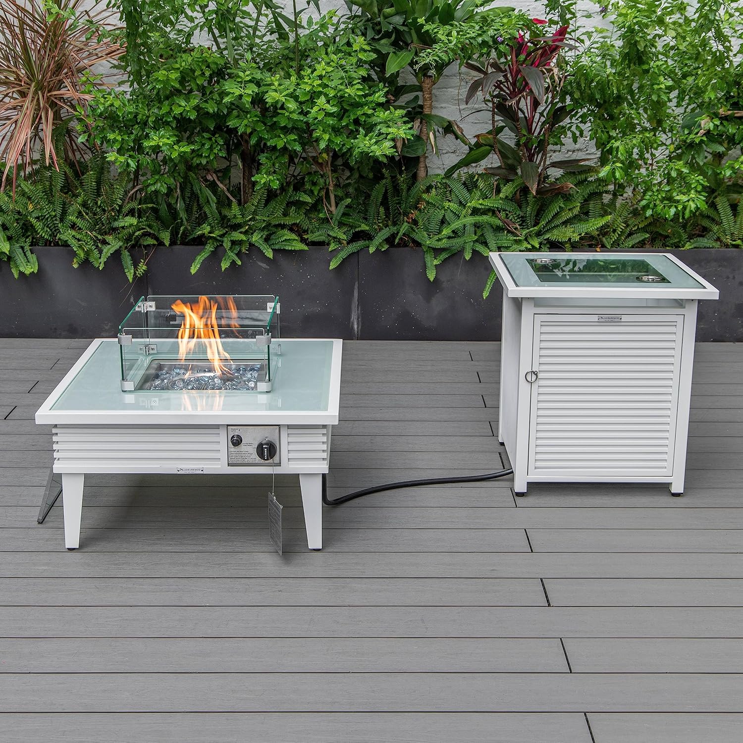 LeisureMod Walbrooke Modern Square Fire Pit Table and Tank Holder with Powder Coated Aluminum Slats Design for Patio and Backyard Garden, White