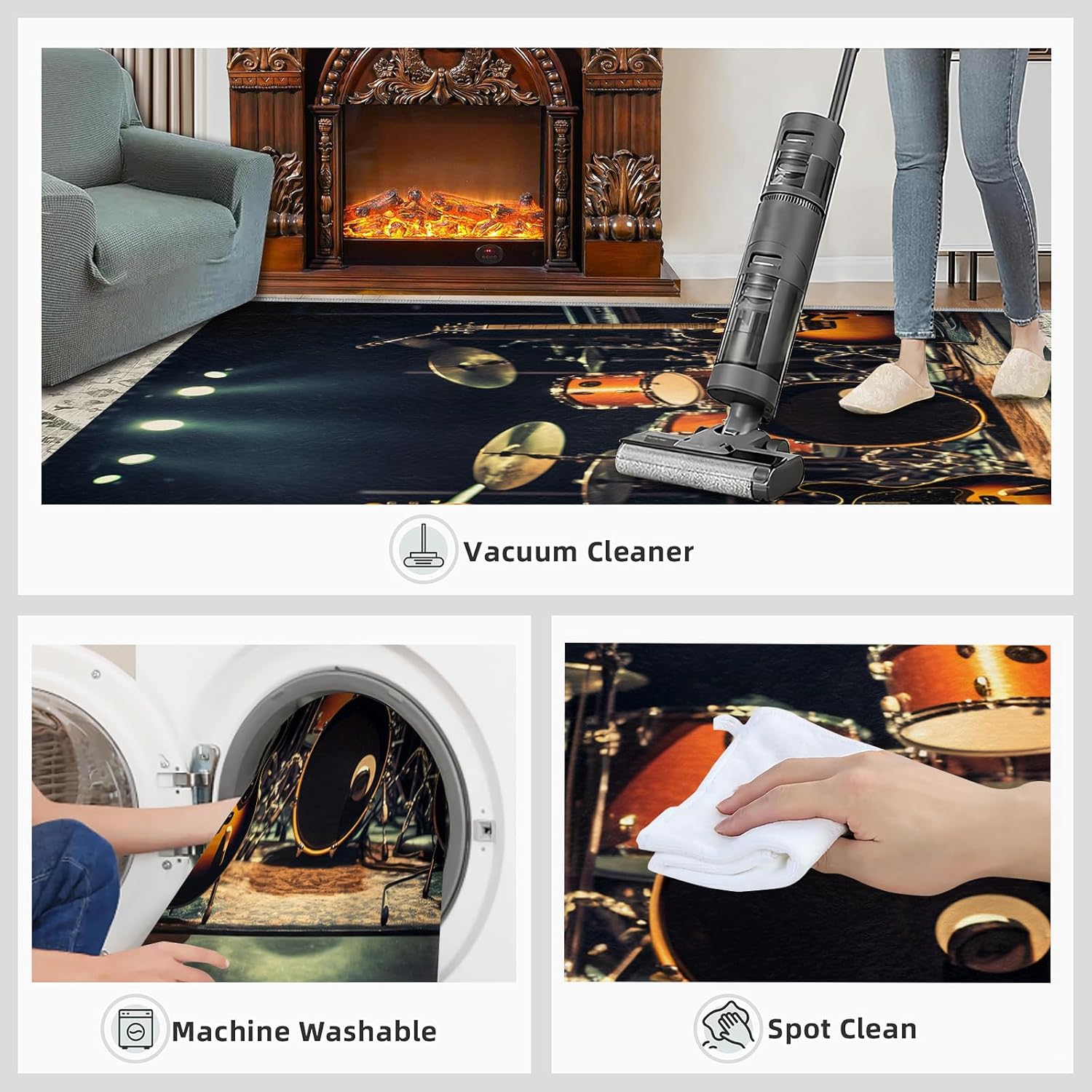 Large Area Rug 7x10 Rock Stage Rug, Instruments Rugs for Living Room, Guitar and Drum Beats Rug, Machine Washable Breathable Carpet for Bedroom Floor Decor Study Dining Room