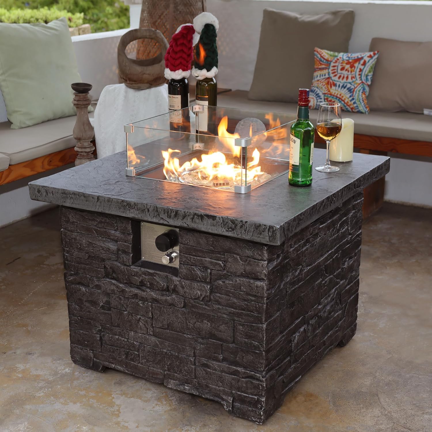 NAGA HABNA Propane Fire Pit Table, 34 Inch Outdoor Fire Table w Tank Table (50,000 BTU), Deep Grey Gas Fire Pit w Glass Wind Guard and Blue Fire Glass for Garden, Pool, Backyard (Square, Only Fire)