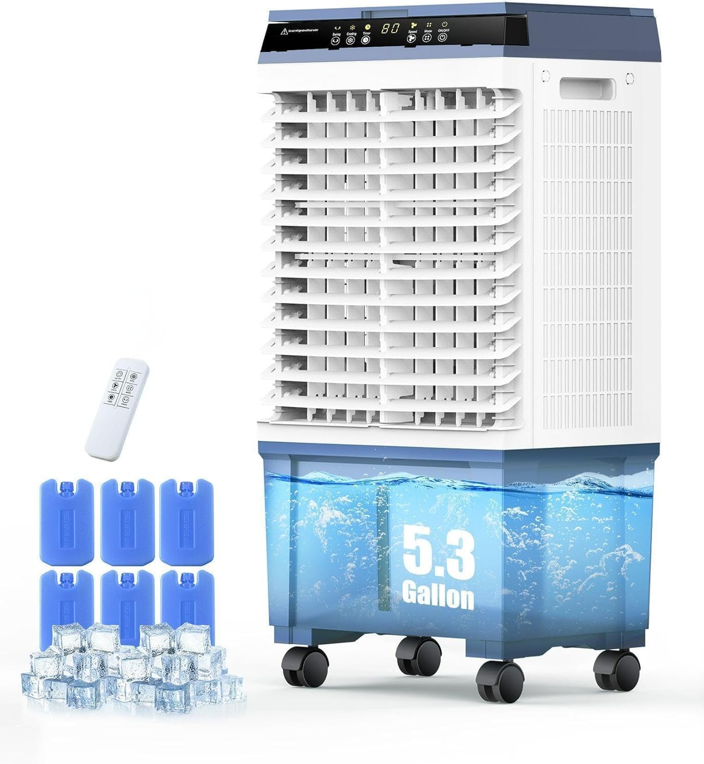 Air Choice Swamp Cooler, 1800 CFM Evaporative Air Cooler, 6 Ice Box & 5.3 Gal Water Tank, 110° Auto Swing, 3 Speeds, Large Remote, 12H Timer, 3-in-1 Portable Air Cooler Fan for Outdoor Bedroom Office