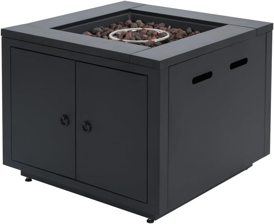 30inch Sleek Square Steel Fire Pit Table in Black with Lava Rocks and Protect Cover for Patio and Deck, 40000BTU