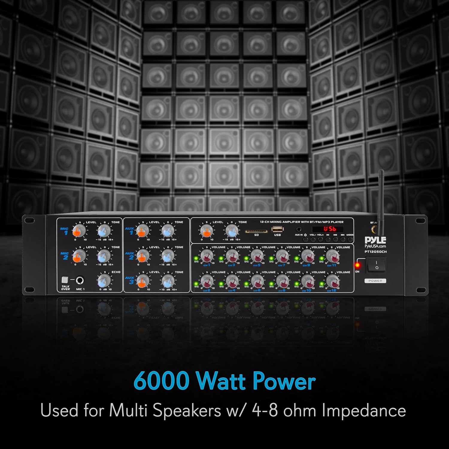 Pyle 8-Channel Wireless Bluetooth Power Amplifier - 4000W Rack Mount Multi Zone Sound Mixer Audio Home Stereo Receiver Box System w/ RCA, USB, AUX - For Speaker, PA, Theater, Studio/Stage - PT8050CH