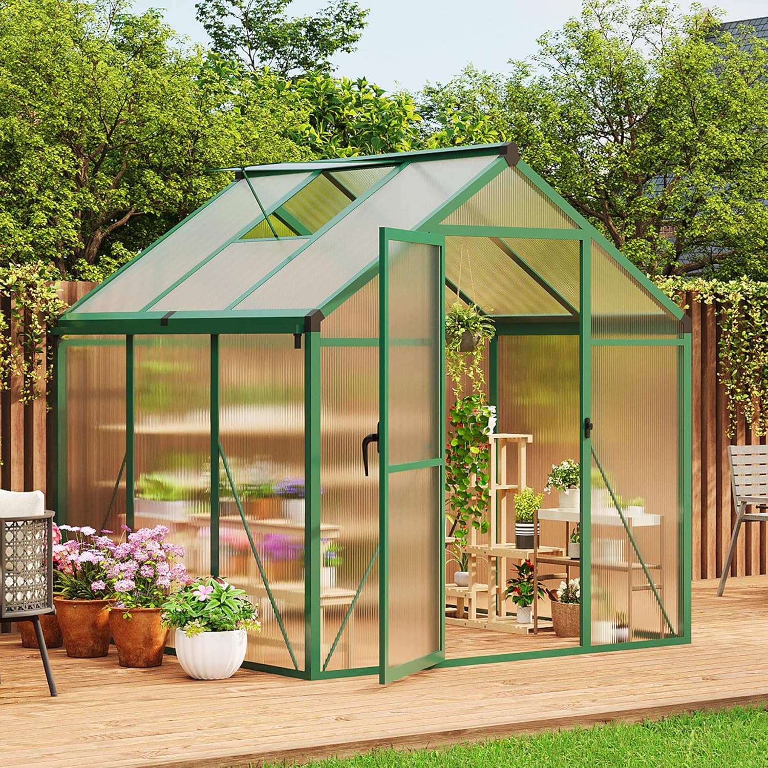 6X6 FT Greenhouse for Outdoors, Large Walk-in Polycarbonate Greenhouse Kit, Aluminum Frame, Lockable Door, Roof Vent, Ground Spikes, for Garden, Patio, Backyard, Outdoor Plant Growth
