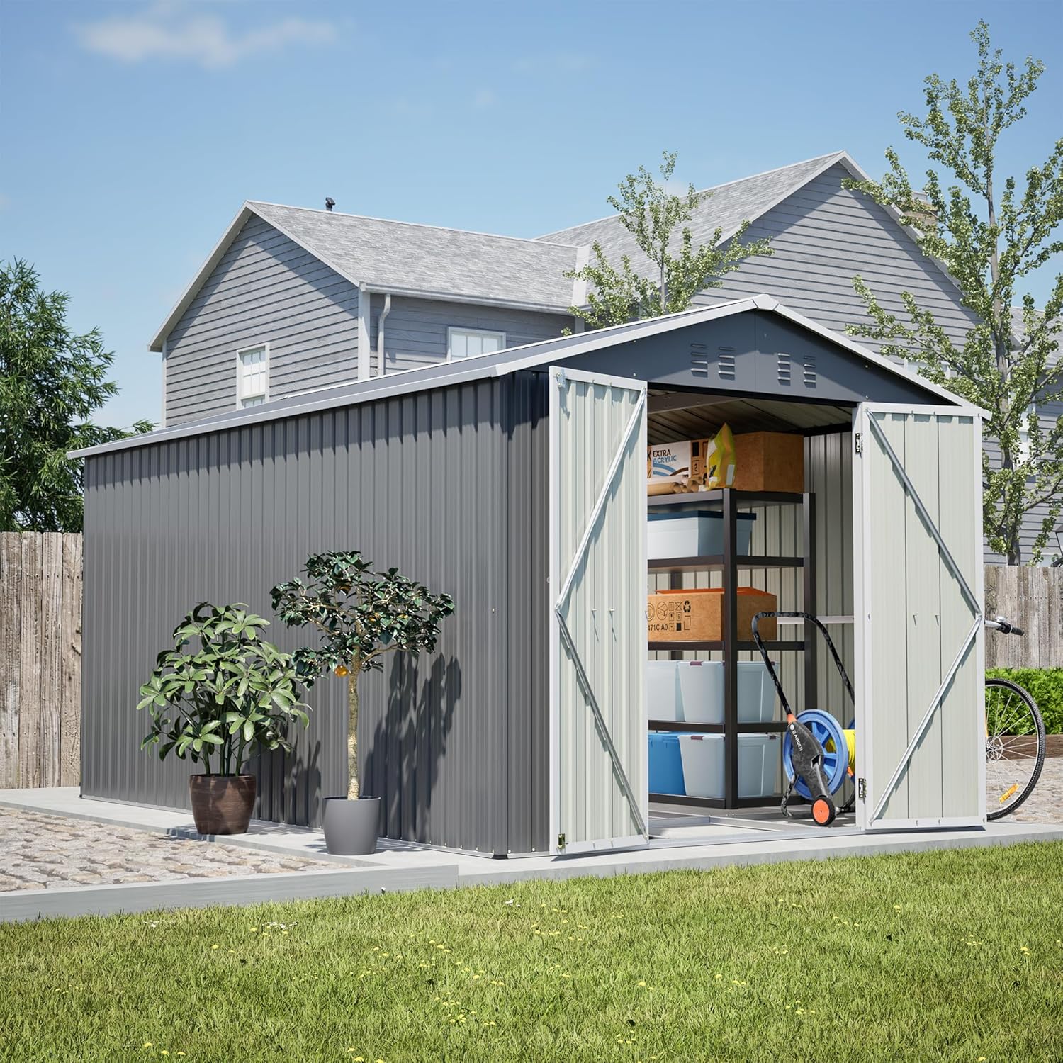8x12 FT Metal Outdoor Storage Shed,Garden Shed W/ 2 Reversible Lockable Doors & Updated Frame Structure,Outdoor Backyard Tool House W/ 4 Air Vents & Sloped Roof,for Patio,Lawn,Grey