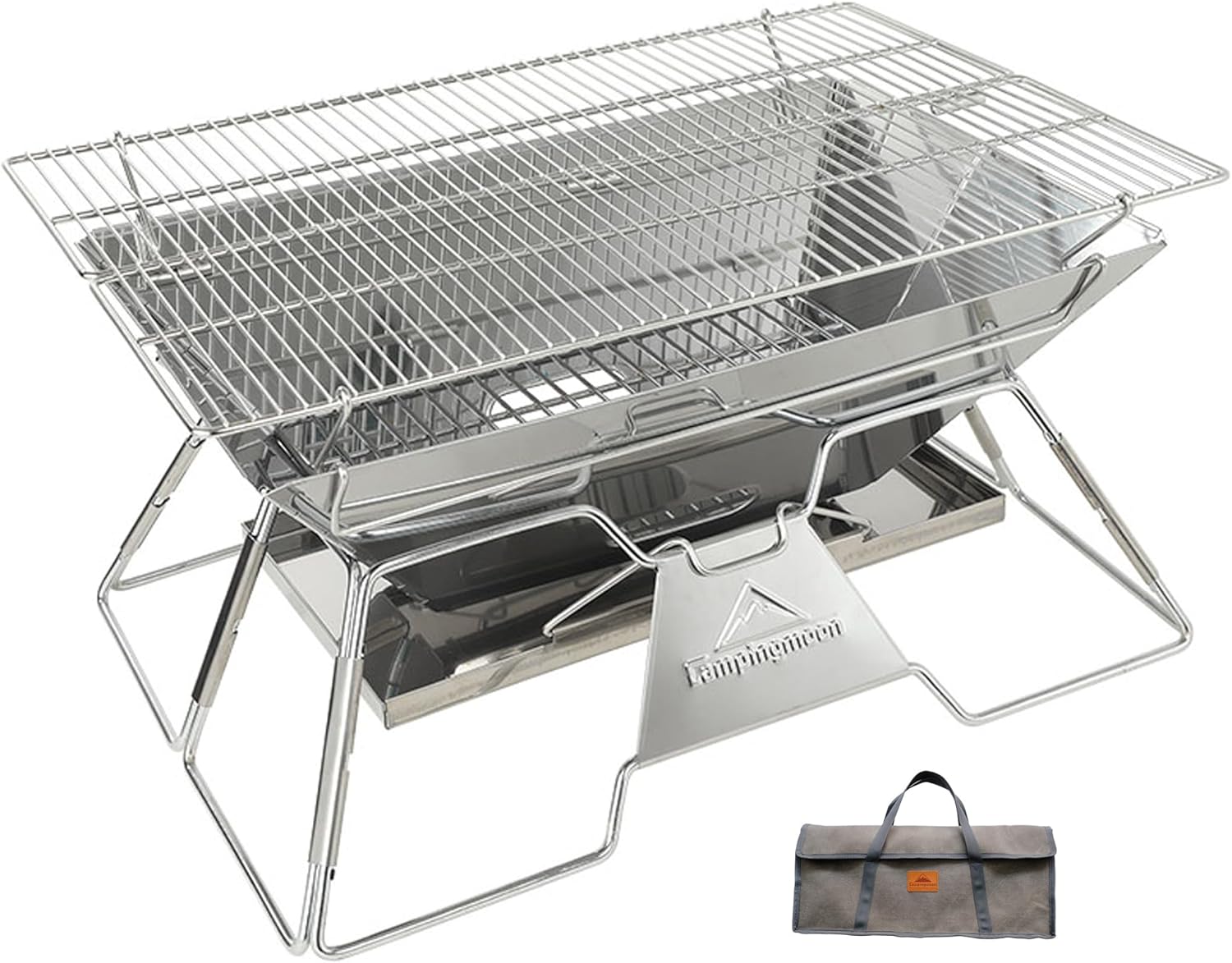 CAMPINGMOON Large Portable Campfire Fire Pit BBQ Grill Stainless Steel Foldable Collapsible Wood Burning Charcoal Grill for Heavy Duty Outdoor Cooking RV Camping, 20x13-inch, with Carry Bag MT-3