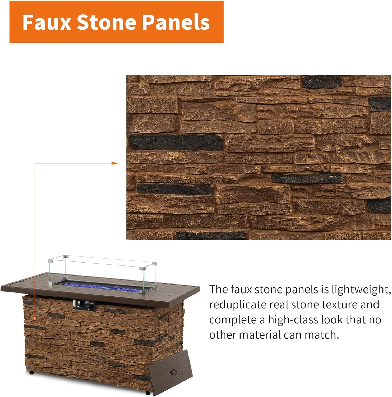 PIZZELLO 43 Inch Propane Fire Pit Table Outdoor Stone Firepit Rectangular 50000 BTU Propane Fire Tables for Outside Patio with Wind Guard, Table Lid, Fire Beads, Cover, Pizzello Caldo (Brown)