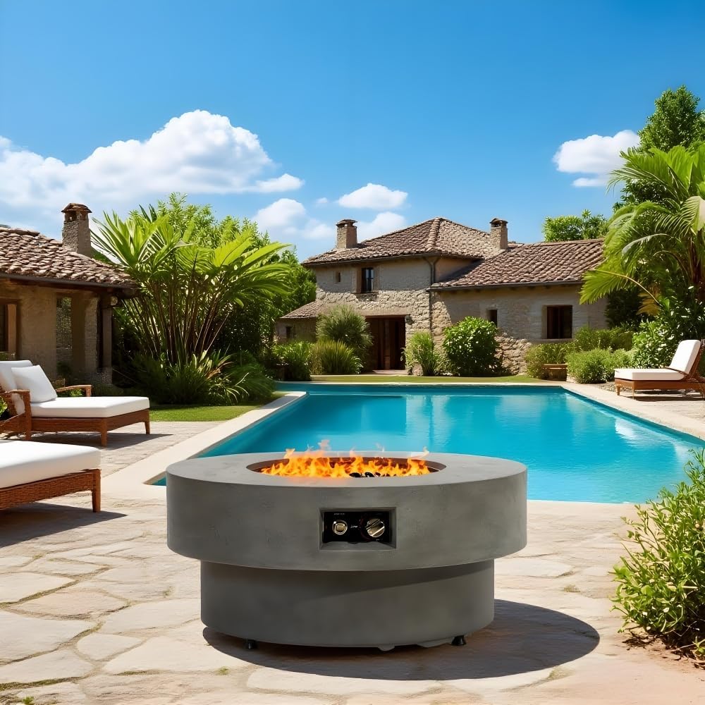 34 Inch Round Propane Fire Pit Table for Outdoor Patio with 50000 BTU Heat Output, Glass Rocks, Weather Cover and Burner Lid