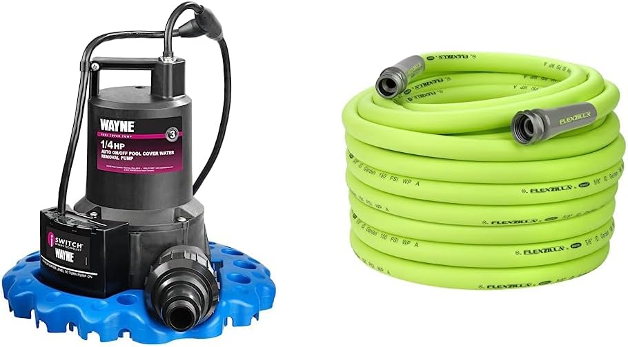 Wayne 57729-WYNP WAPC250 Pool Cover Pump, Blue & Flexzilla Garden Hose 5/8 in. x 100 ft., Heavy Duty, Lightweight, Drinking Water Safe, ZillaGreen - HFZG5100YW-E
