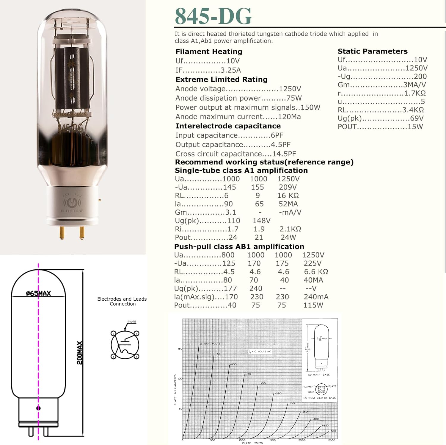 LINLAI 845-DG 1 Pair Matching Power Vacuum Tube HIFI Audio For Audio Amplifier and Modulation Tube(845-DG 2pcs in a pack)