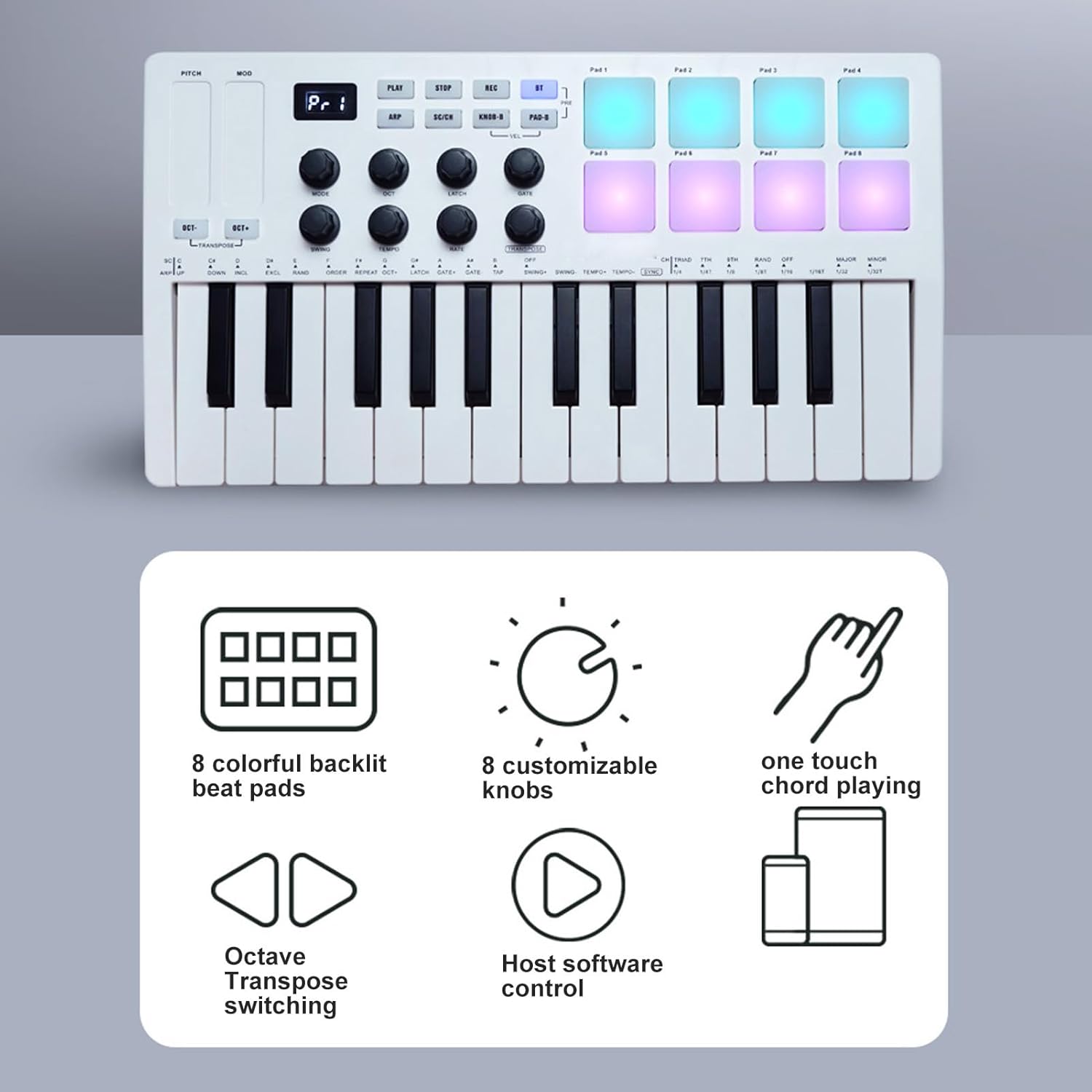 USB MIDI Keyboard Controller, MIDI Keyboard with 8 Beat Pads, 8 Backlit Drum Pads, 8 Assignable Knobs and Music Production Software [ BT Wired Connection ]