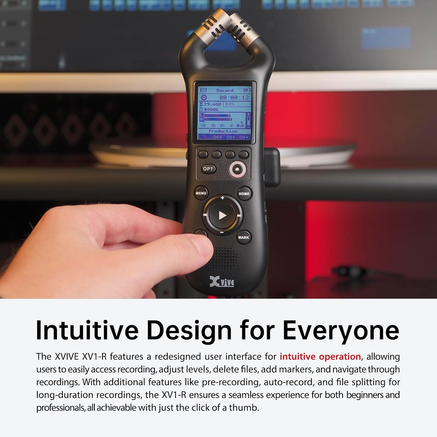 Xvive XV1-R Portable Stereo Audio Recorder with 32-Bit Float, X/Y Microphones, WAV/AAC Format, USB Microphone, Auto Record, for Musicians, Podcasters, Filmmakers