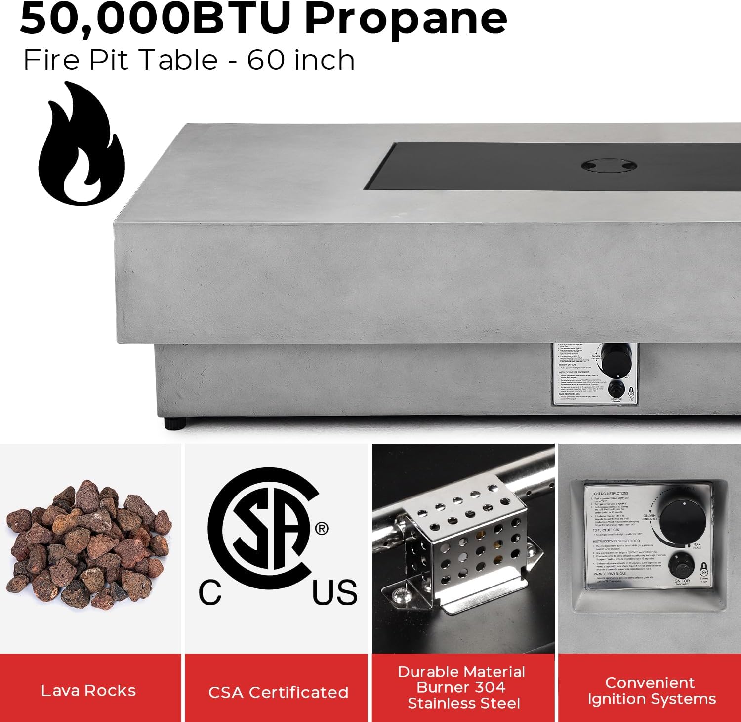 60 Inch Outdoor Propane Fire Pit Table w/Tank Cover Table Wind Guard, Natural Gas Firepit Table for Outside Patio, 50,000 BTU Rectangular Concrete Fire Table