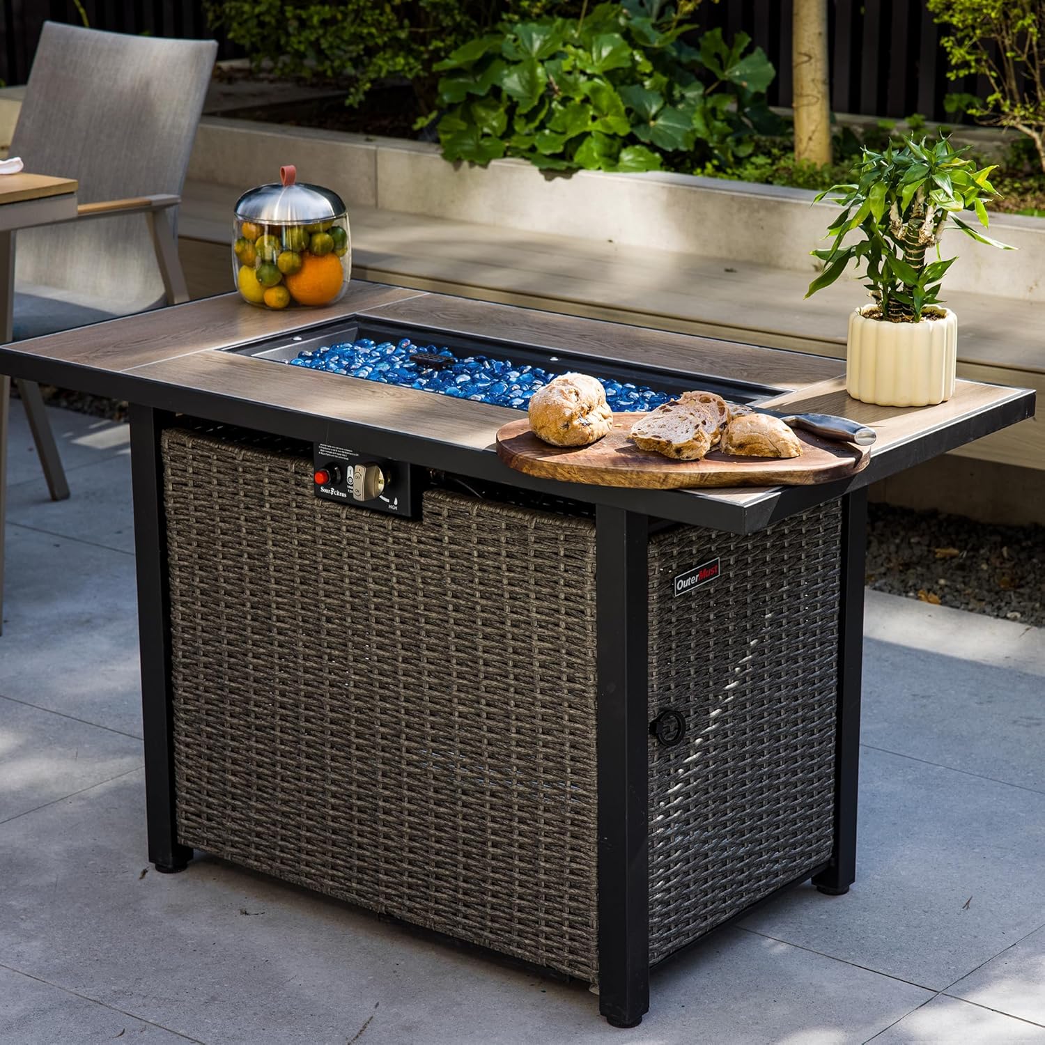 42 Inch Propane Fire Pit Table, 50,000 BTU Hand-Woven Rattan Outdoor Fire Pit with Lid & Blue Glass Bead, Outdoor Fireplace for Patio Deck Garden, Gray