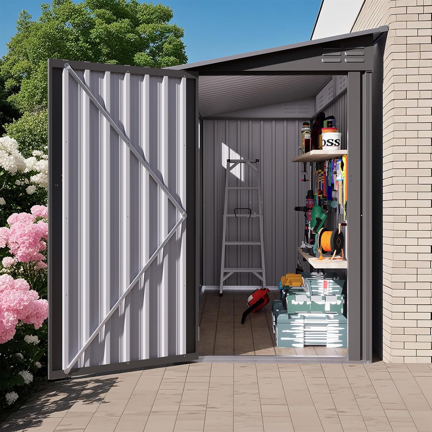 4 x 9 FT Outdoor Storage Shed, Metal Garden Shed with Sloping Roof, Anti-Corrosion Storage House with 2 Vents and 1 Side Open Door for Backyard, Garden, Patio, Garage, Lawn, Gray (Single Door)