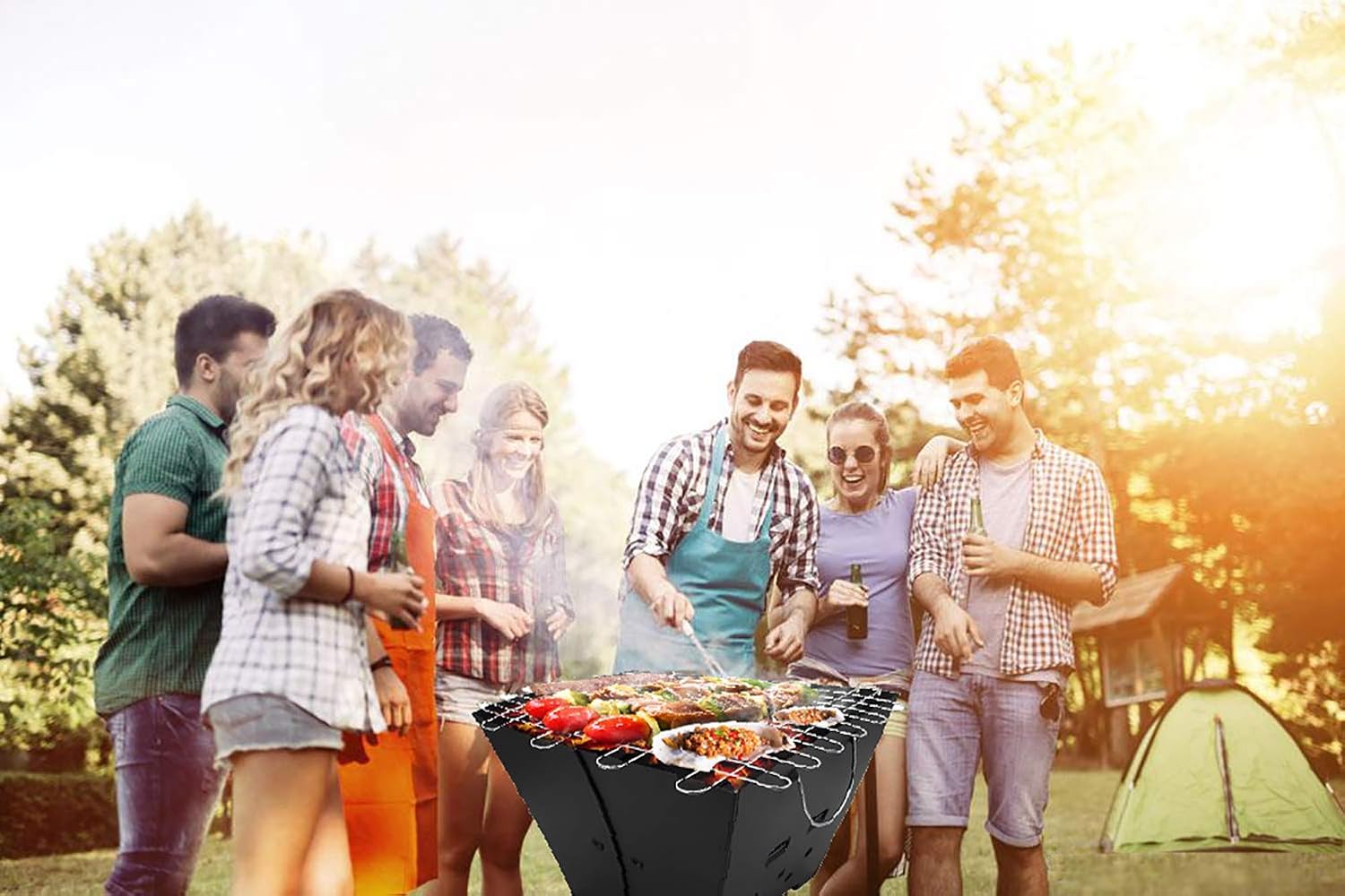 Outdoor Patio Fire Pit Heater Household Charcoal Burning Stove Portable Folding Brazier Black Bonfire Stove W/Stainless Steel Vertical BBQ Grill Mesh