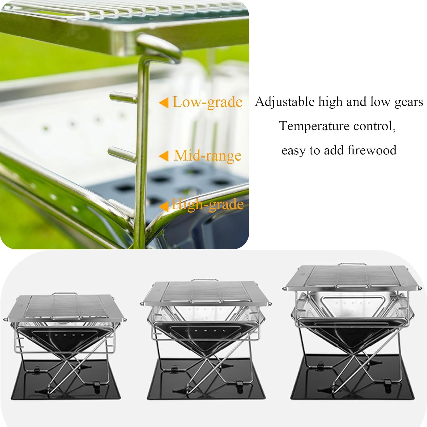 Fire Pit Portable Campfire Pit Collapsible Stainless Steel Grill for Camping Picnic Patio Backyard and Garden with Storage Bag,Large