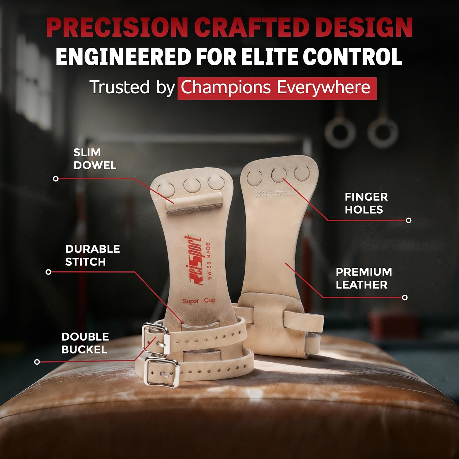 Reisport Men's High Bar Gymnastics Grips - Durable Leather Hand Grips for Gymnastics Bars Men & Boys - Gymnastics Equipment & Accessories for Advanced Gymnasts