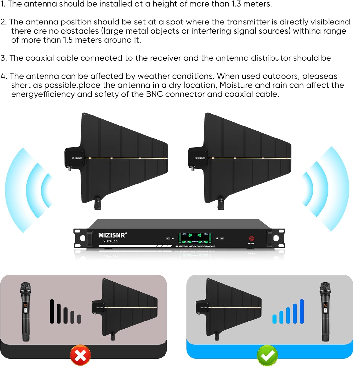 UHF Wireless Antenna Distribution Combiner System, 10 Channels Active Directional Receiver w/ 8 Outputs + 2 Cascade Ports, Mic Signal Amplifier with Paddle for Stages, Live Shows - 984ft Long Coverage