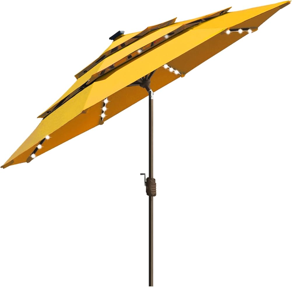 EliteShade USA 10-Year-Non-Fading Solar 9ft 3 Tiers Market Umbrella with 80 LED Lights Patio Umbrellas Outdoor Table with Ventilation,Sunflower Yellow