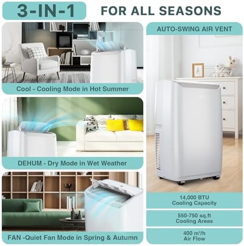 Portable Air Conditioners, 14000 BTU Air Conditioner for 750 Sq. Ft, Dehumidifying & Fan, Quiet Operation and Easy Mobility, Remote Control for Home & Office,White