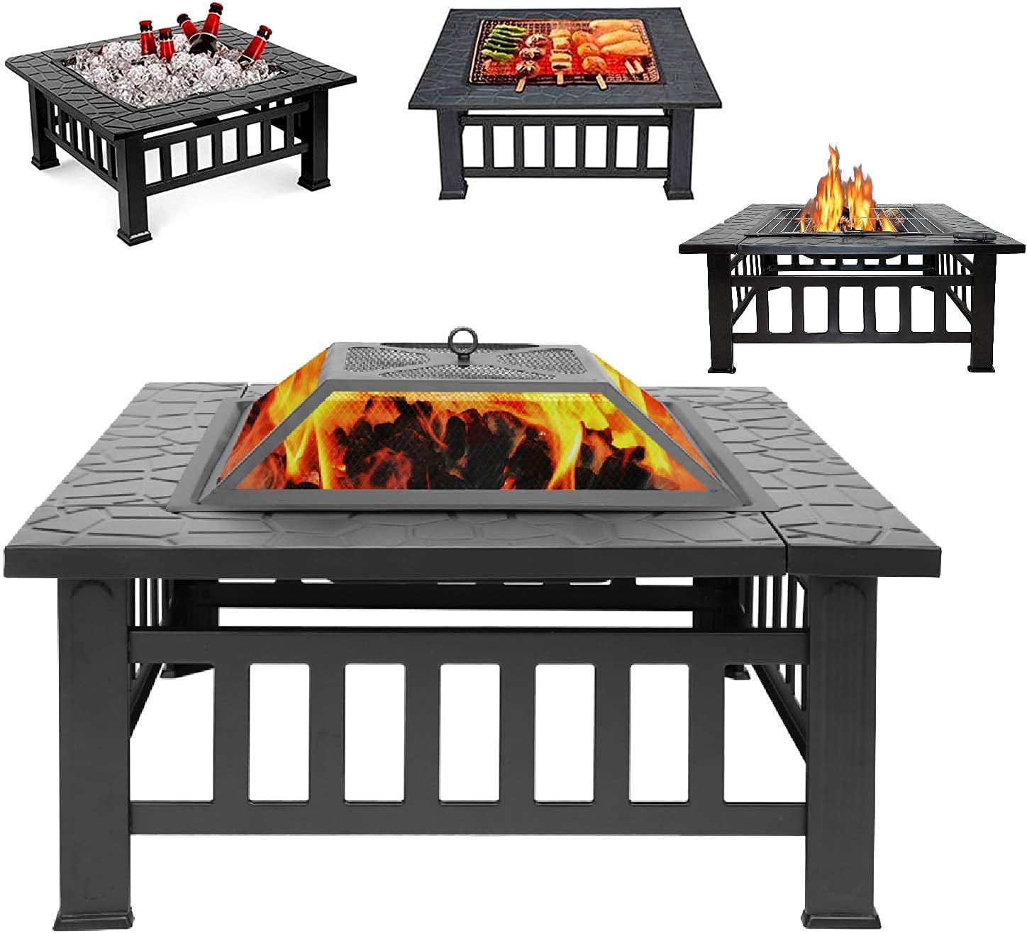 Garden Fire Pit Grill Bowl Grill Barbecue Rack 32In Fire Pit Outdoor Wood Burning Bonfire Stove Durable Metal Square Brazier Tabletop Fireplaces with Mesh Screen Lid Accessories Backyard