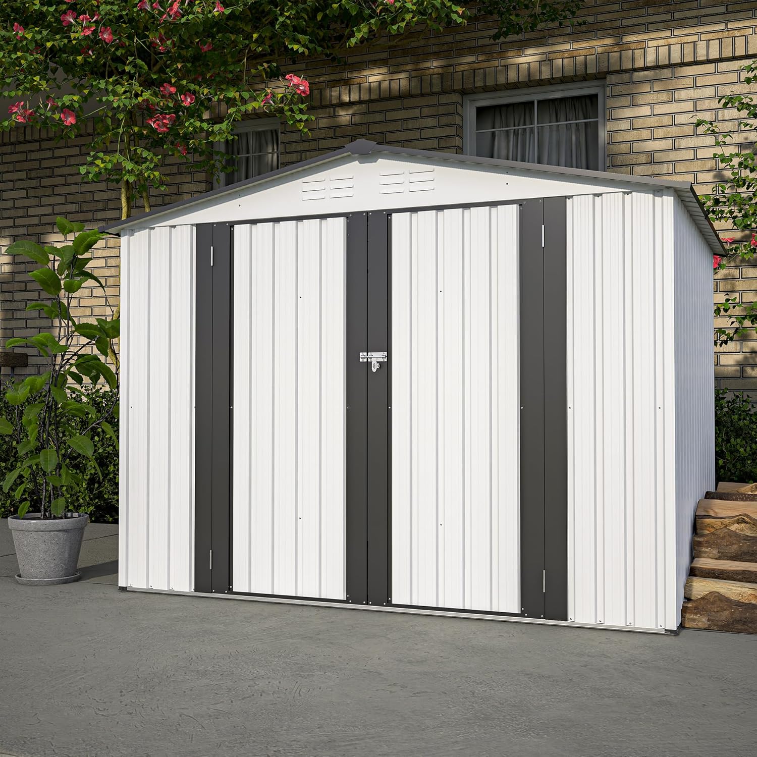 Favfurish 8×6 FT Metal Outdoor Storage Shed,Large Garden Sheds with 2 Lockable Doors, All Weather Anti-Corrosion Galvanized Steel Tool House for Backyard Garden Lawn,White