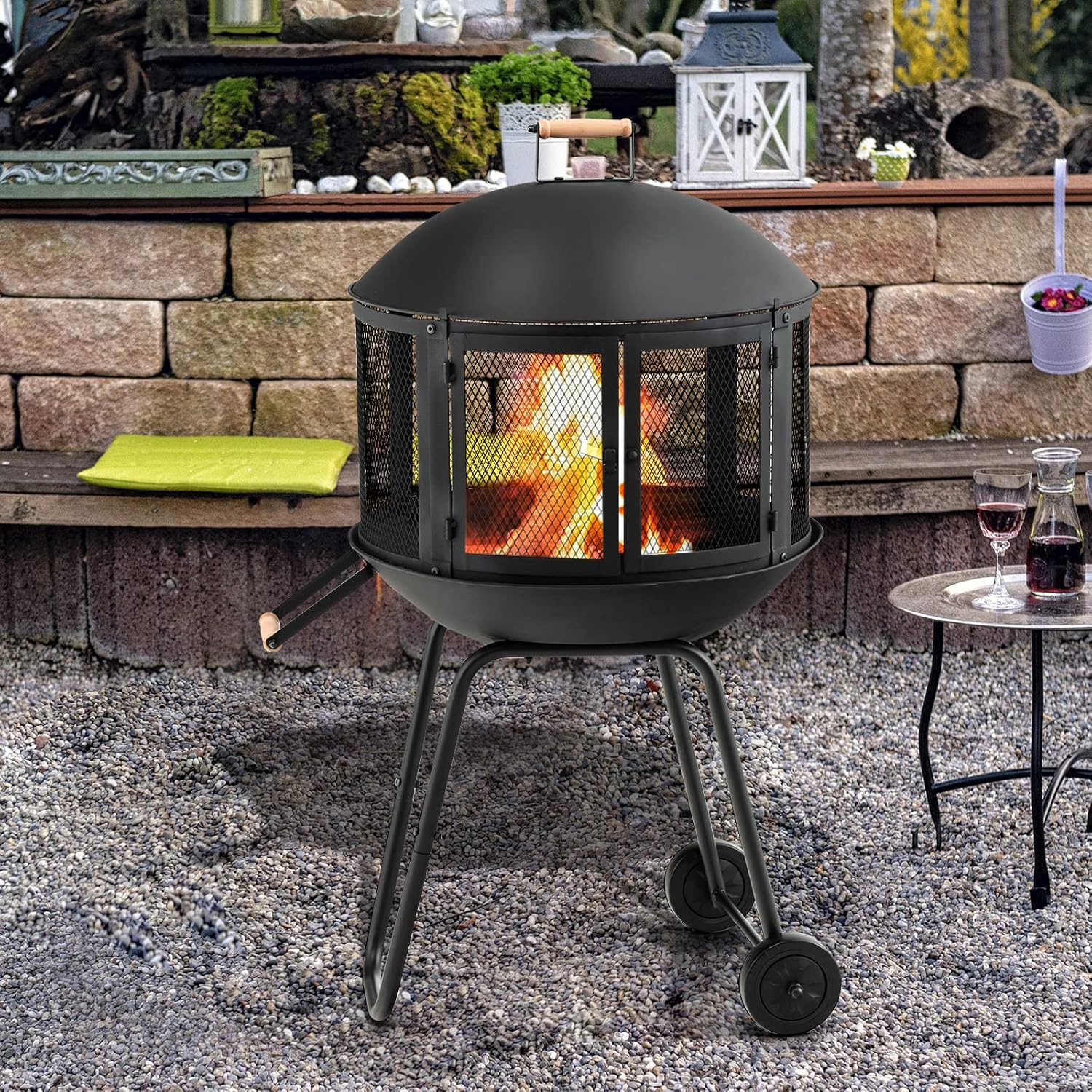 ORALNER Portable Fire Pit on Wheels, 27” Outdoor Wood Burning Firepit Cage w/Spark Screen Cover, Log Grate, Fire Poker, Steel Patio Firepit w/BBQ Grill for Outside Camping, Picnic, Backyard Bonfire