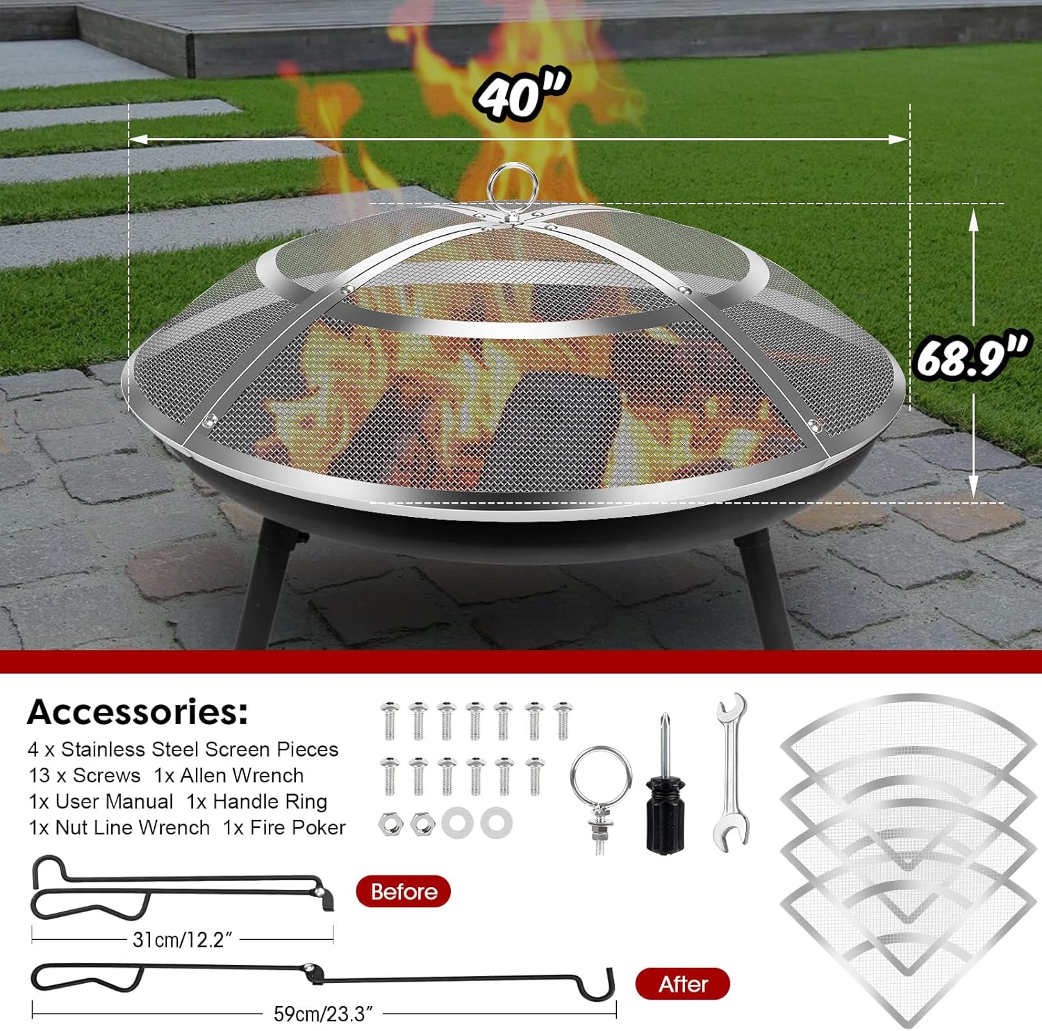 Fire Pit Spark Screen,40 Inch Fire Pit Screen Cover Stainless Steel Outdoor with Handle&Poker,Firepit Screens Cover Round Mesh Lid Heavy-Duty Steel Replacement for Backyard/Beach/RV Camping