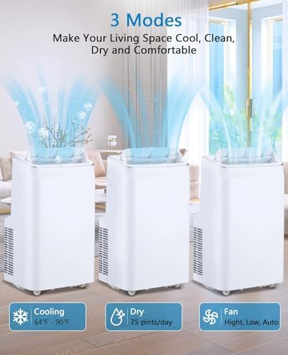 12,000 BTU Portable Air Conditioners, Free Standing Portable AC Unit with Remote Control, Dehumidifier, Fan, Auto Swing, and Smart Sleep Mode, Quiet Operation for Rooms up to 500 Sq.Ft, White