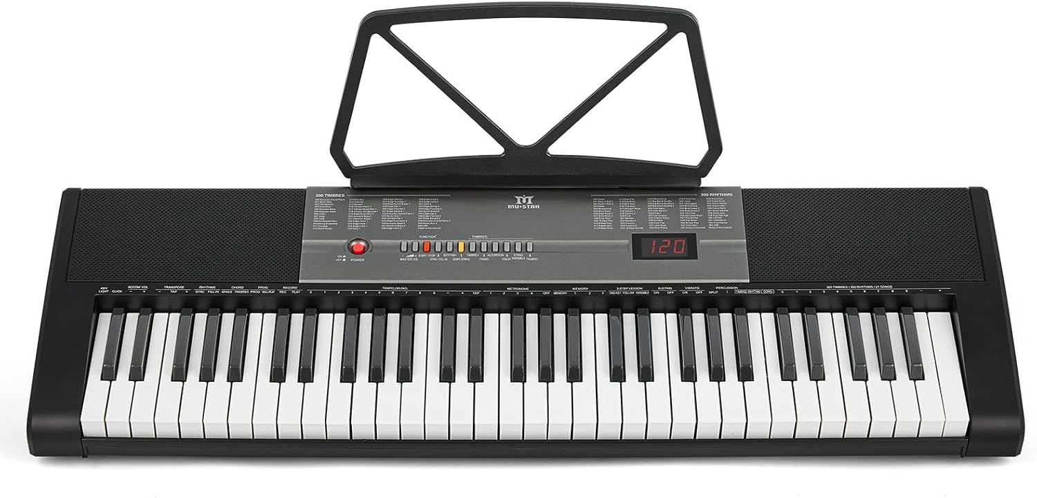 61 Key Electric Piano Keyboard for Beginners with Lighted Keys – Includes Stand, Bench, Headphones, Microphone, Note Stickers & Built-in Speakers – Digital Piano Learning Keyboard