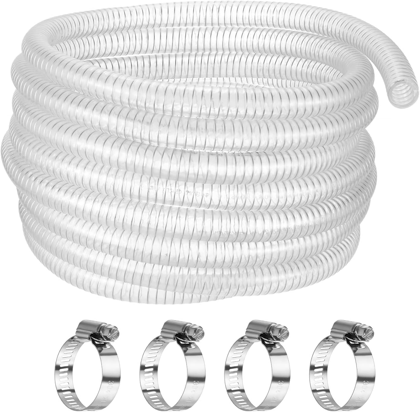 Suction Hose, 3/4 ID x 25 ft Clear Steel Wire Flexible Tubing, High Pressure PVC Oil Drain Hose Tube for Marine Bilge Pump Pond Garden Pool, with 2 Clamps