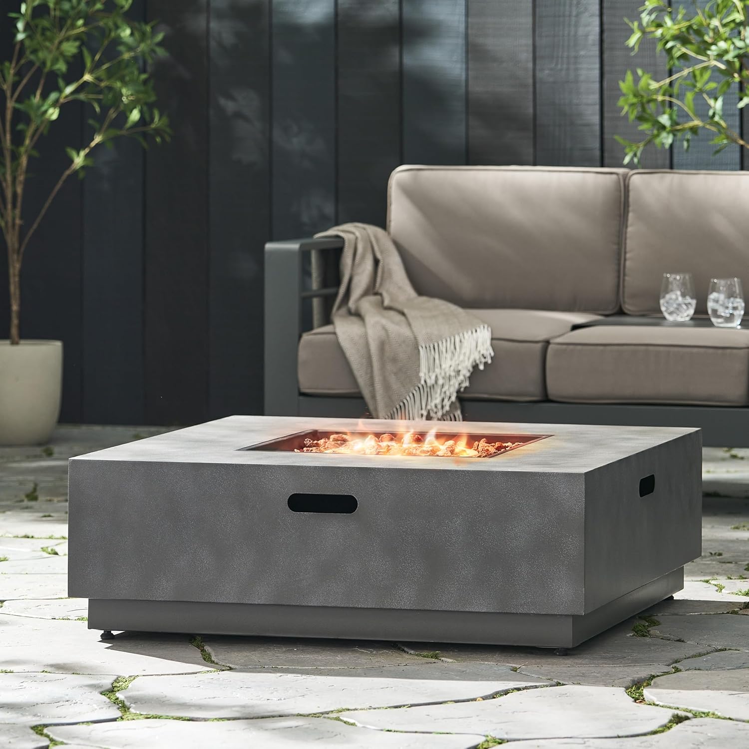 39-inch Square Iron Propane Fire Pit, 50,000 BTU Modern Outdoor Fire Pit Table with Powder-Coated Frame for Patio & Backyard, No Assembly Required - Stone Gray