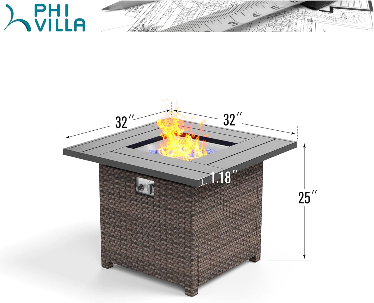 PHI VILLA 32 Inch Gas Fire Pit Table, 50000 BTU Square Outdoor Propane Rattan Fire Pit Table with Lid and Blue Fire Glass for Patio, Backyard and Garden