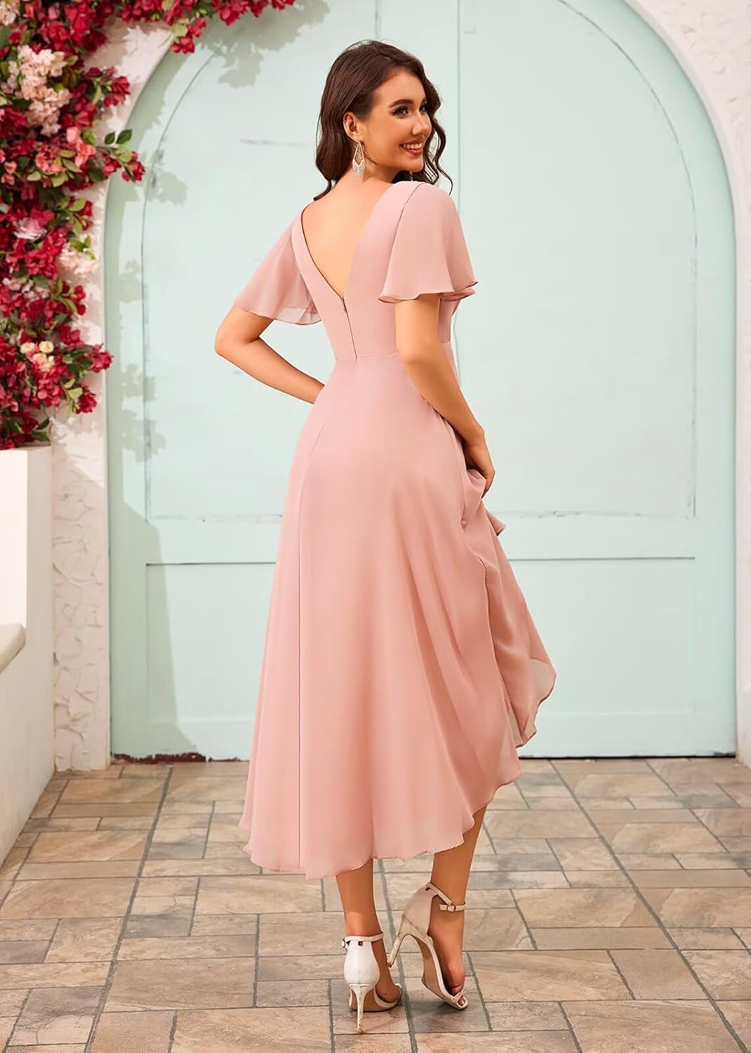 Sukleet V Neck Flutter Sleeves Bridesmaid Dresses for Women Chiffon High Low Formal Cocktail Dress