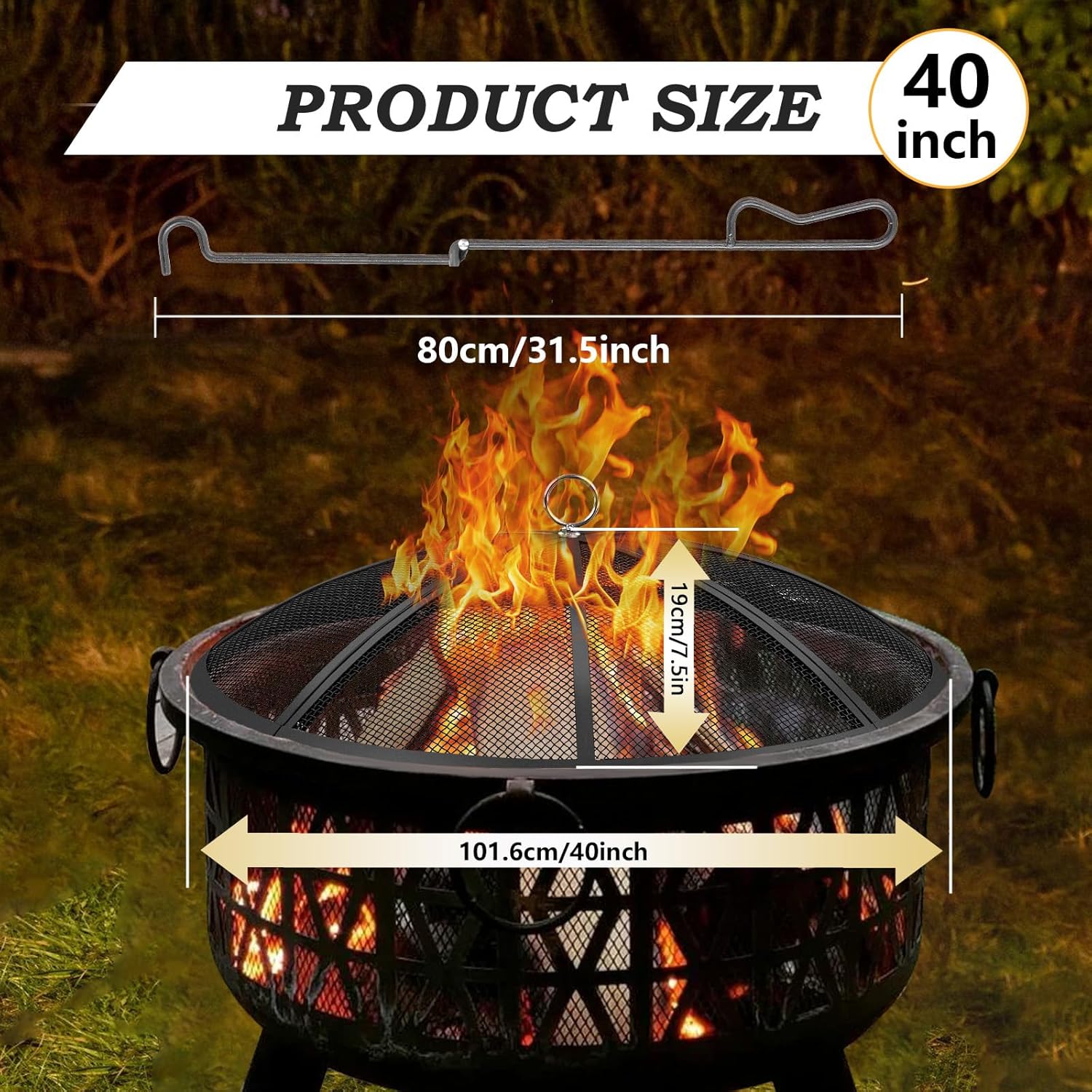 Fire Pit Spark Screen, 40 Inch Diameter Fire Pit Screen with Handle & Poker,Heavy Duty Metal Mesh Fire Pit Screen,Fire Pit Lid for Outdoor/Beach/RV Camping/Backyard