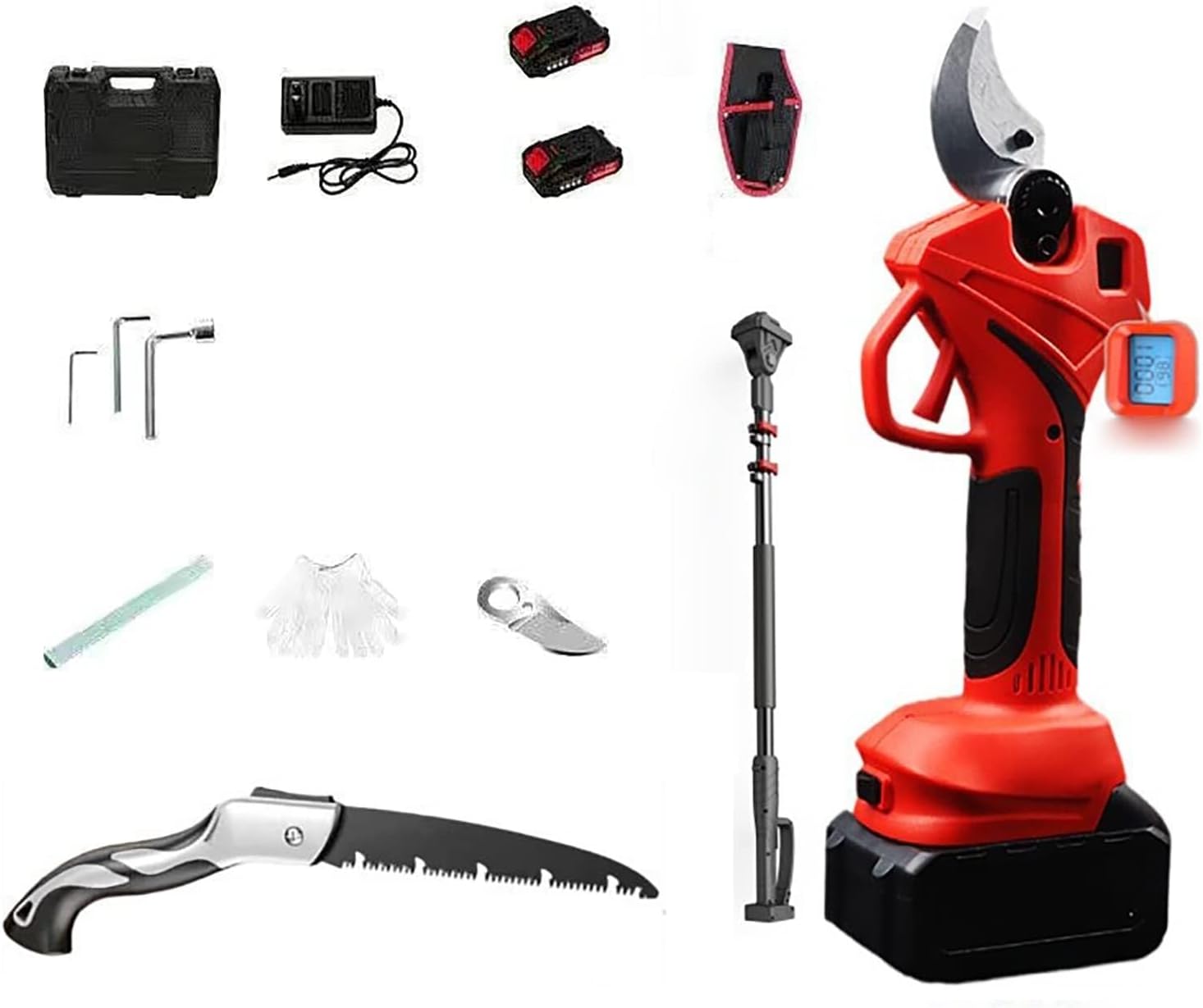 Electric Pruning Shears with Reach Extension Pole, 50mm Cutting Diameter, LCD Display, Lithium Battery