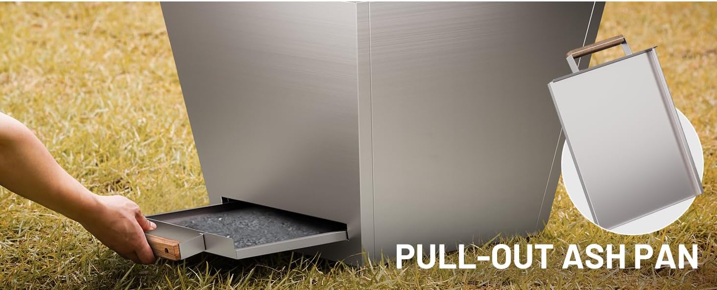 Cyberpit One Pro 25 Inches Smokeless Fire Pit – Portable Outdoor Fire Pit with Pull-Out Ash Pan, Carry Handle for Backyard, Patio & Camping, Stainless Steel, Silver (1 Door) (1 Doors)