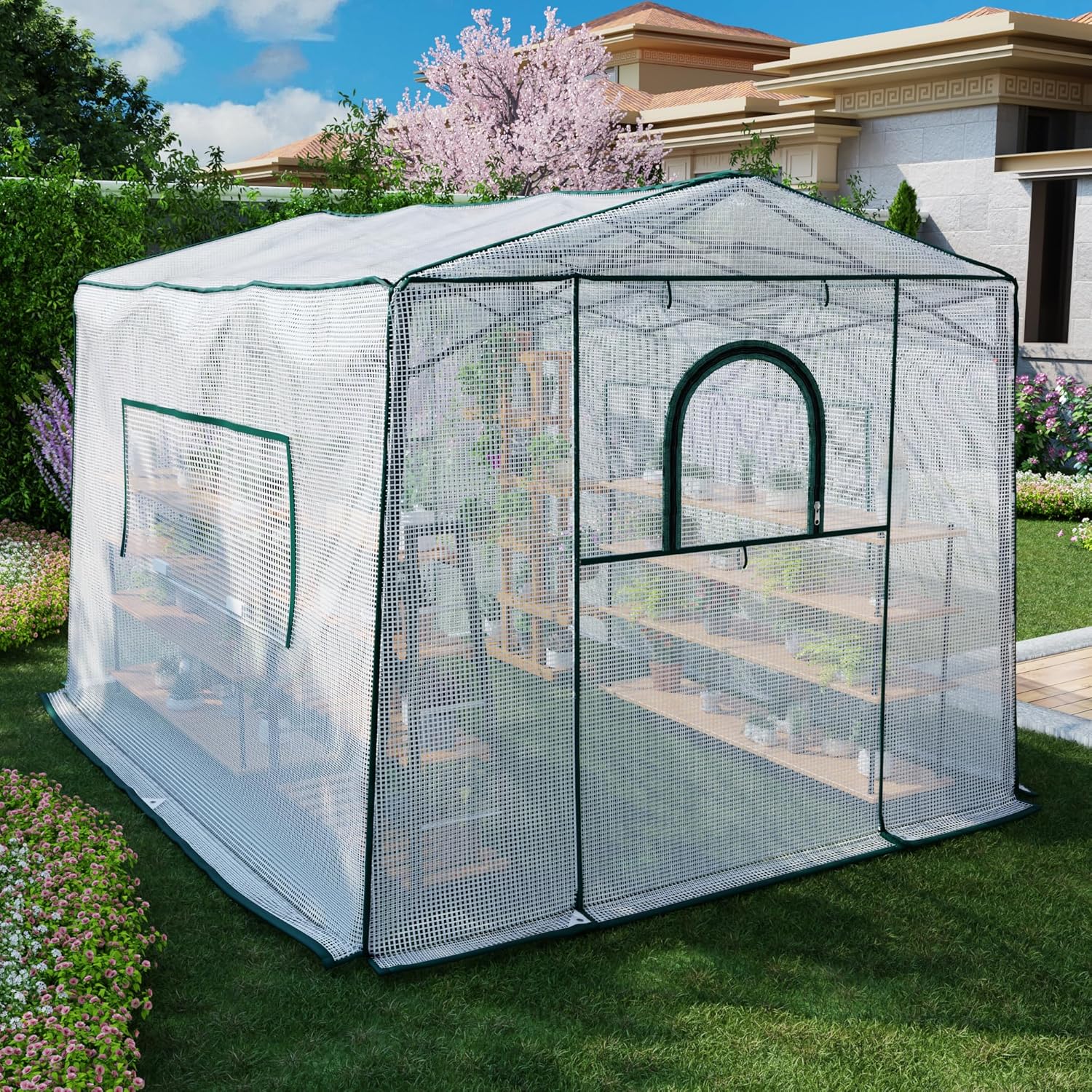 11'x 8.5'x 7.4' Walk-in Greenhouse for Outside & Indoor with 2 Roll-up Zipper Doors, 4 Ventilated Mesh Windows, Patio Plant Gardening Greenhouse for Backyard