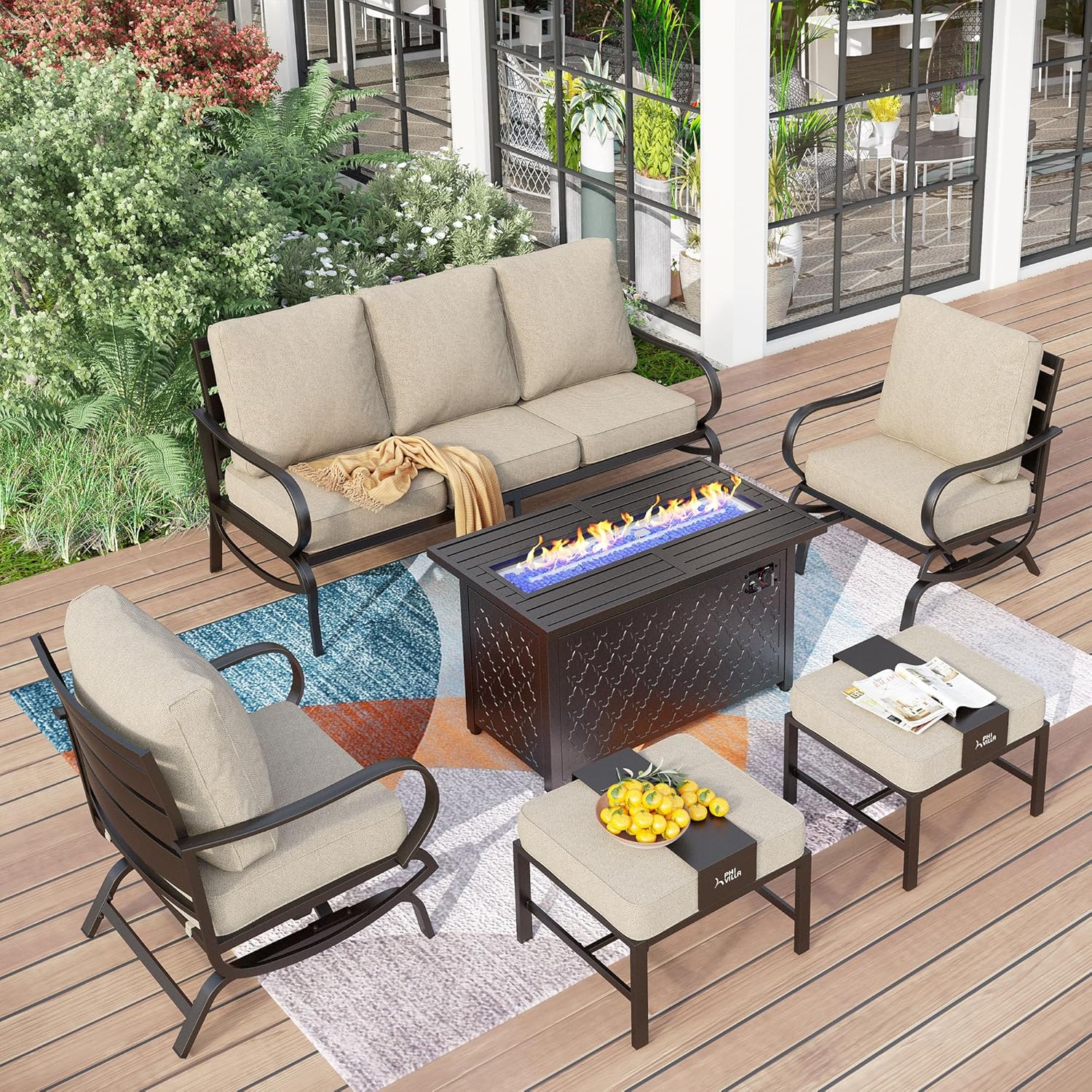 PHI VILLA 6 PCS Patio Furniture Set with FirePit Table, Outdoor Conversation Set with 1 x 72 Deep Seating Sofa Bench, 1 x 45 Gas Firepit Table, 2 x C-Base Sofa Chairs, 2 x Metal Cushioned Ottoman