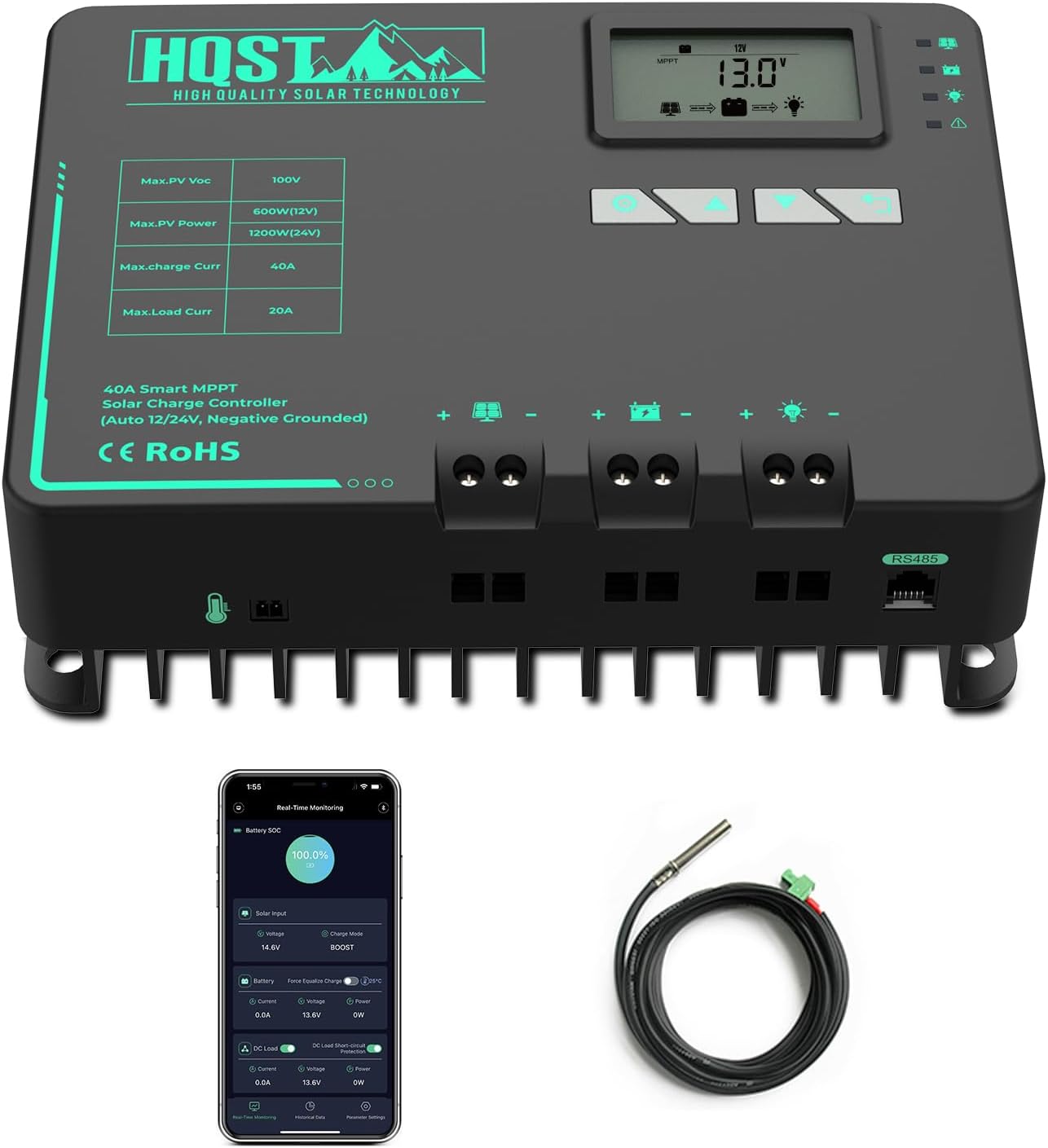 HQST MPPT Solar Charge Controller 40 Amp Negative Grounded Controller with Bluetooth LCD Display, 12V/24V DC Input Solar Panel Regulator for Gel Sealed Flooded and Lithium Battery